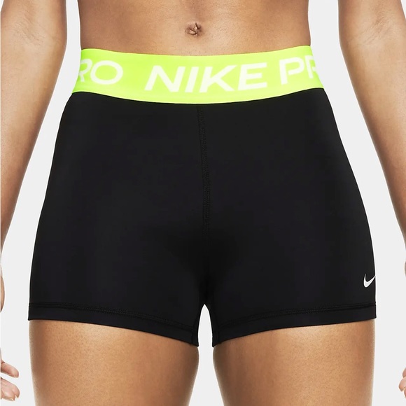 Women’s Nike Pro 3” Black with Neon band Shorts - Picture 1 of 7